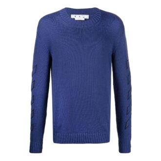 Off-White Men’ s FW22 Solid Color Logo Embroidered Round Neck Pullover Long Sleeves Wool Sweater Blue Off-White Men’ s FW22 Solid Color Logo Embroidered Round Neck Pullover Long Sleeves Wool Sweater Blue