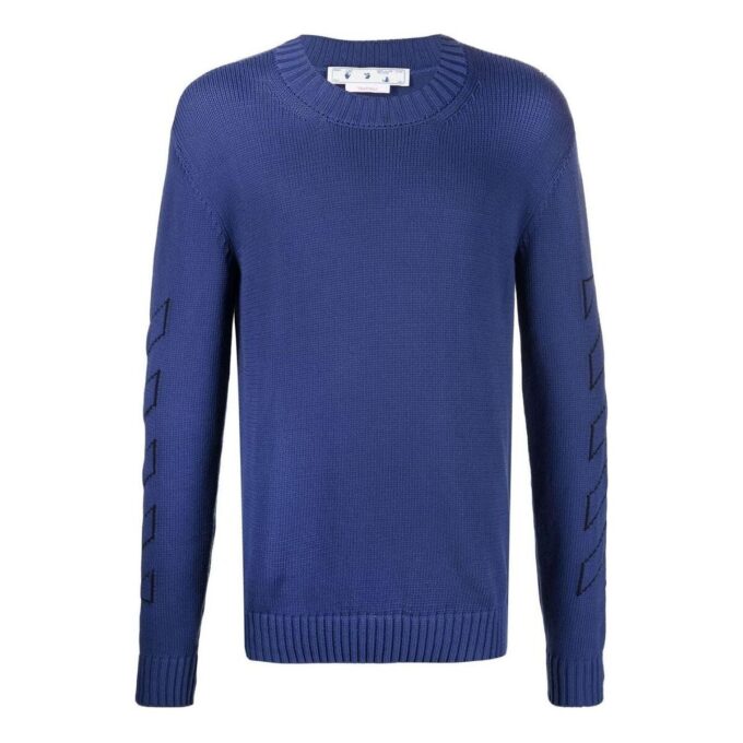 Off-White Men’ s FW22 Solid Color Logo Embroidered Round Neck Pullover Long Sleeves Wool Sweater Blue