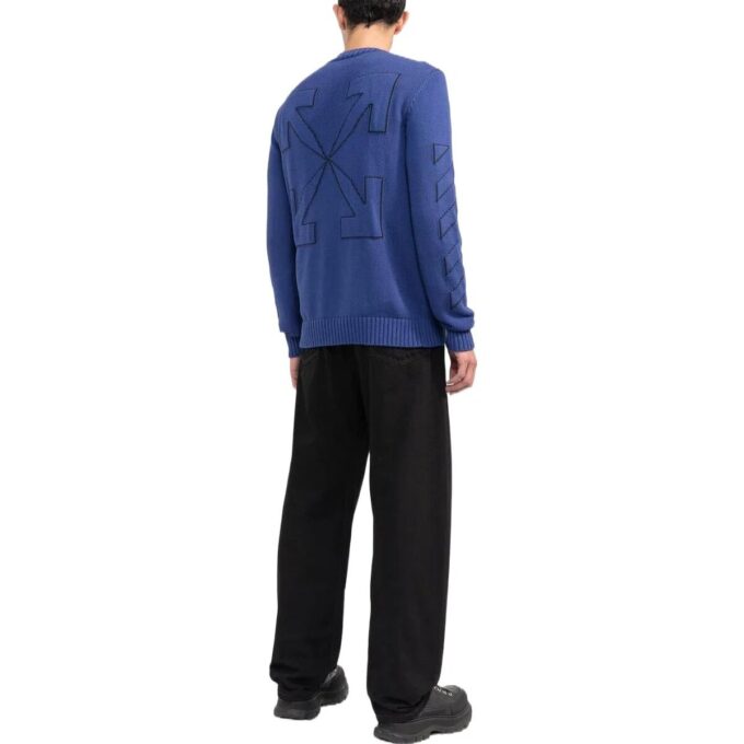 Off-White Men’ s FW22 Solid Color Logo Embroidered Round Neck Pullover Long Sleeves Wool Sweater Blue