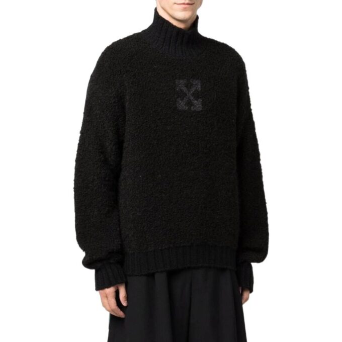 Off-White Men’ s FW22 Solid Color Logo Printing High Collar Wool Sweater Version Black