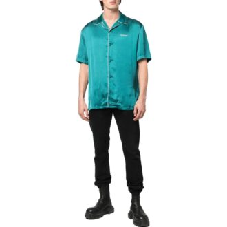 Off-White Men’ s FW22 Solid Color Minimalistic Satin Short Sleeve Blue Shirt Off-White Men’ s FW22 Solid Color Minimalistic Satin Short Sleeve Blue Shirt
