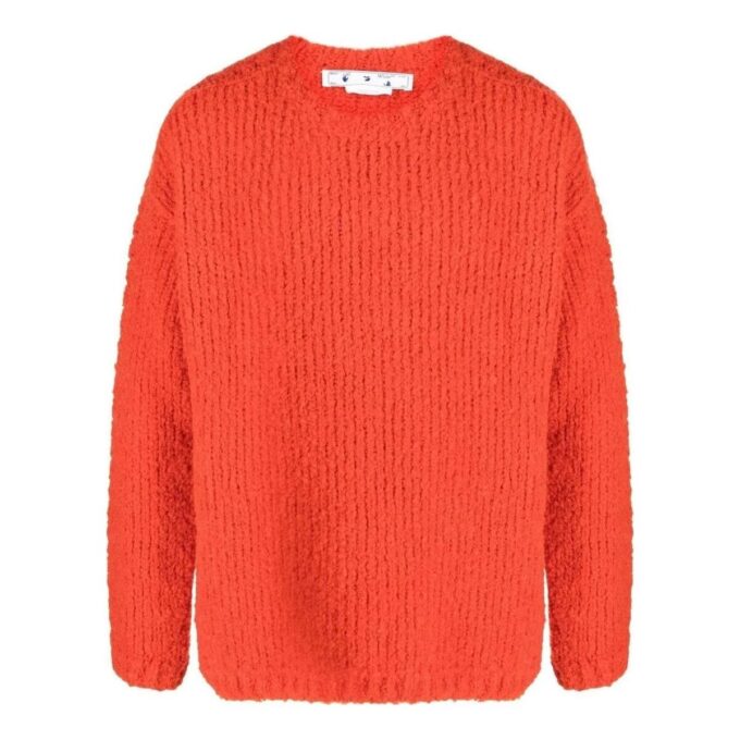 Off-White Men’ s FW22 Solid Color Round Neck Logo Embroidered Long Sleeves Wool Sweater Loose Fit Orange