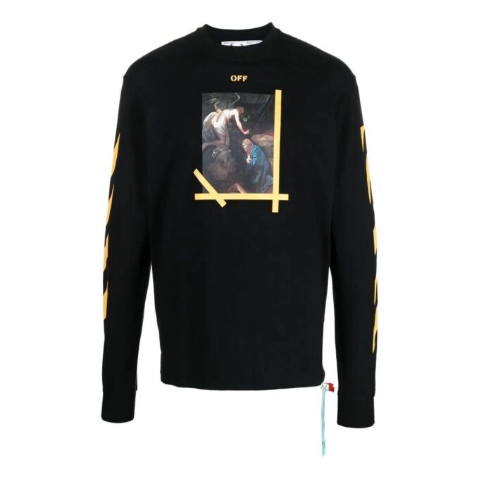 Off-White Men’ s FW22 Solid Color Round Neck Painting Printing Long Sleeves Black T-Shirt