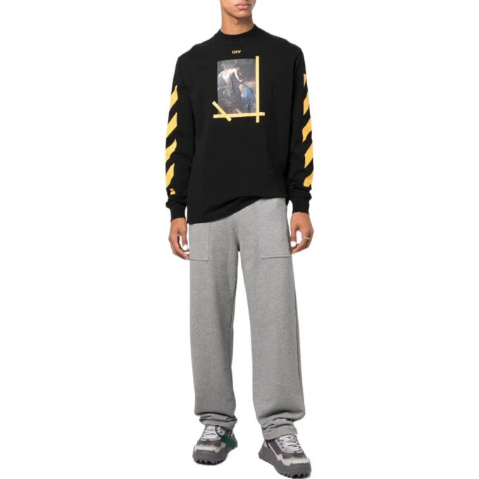 Off-White Men’ s FW22 Solid Color Round Neck Painting Printing Long Sleeves Black T-Shirt