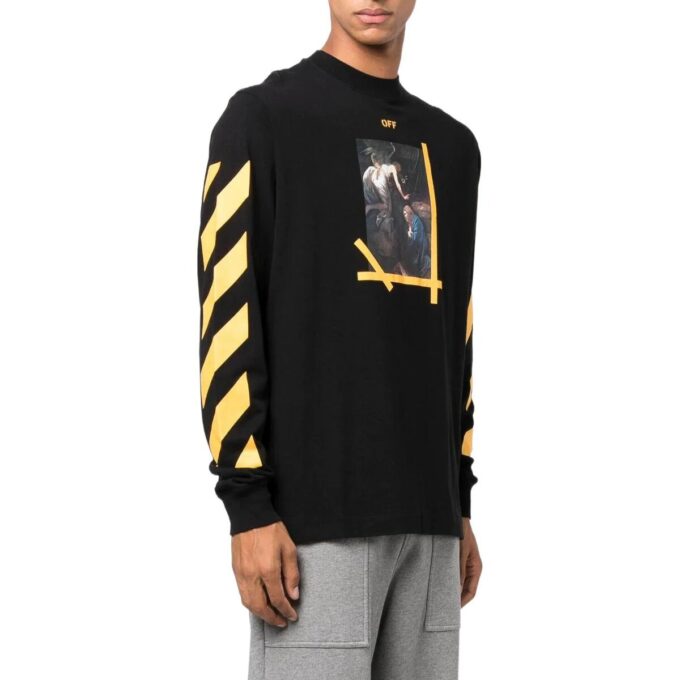 Off-White Men’ s FW22 Solid Color Round Neck Painting Printing Long Sleeves Black T-Shirt
