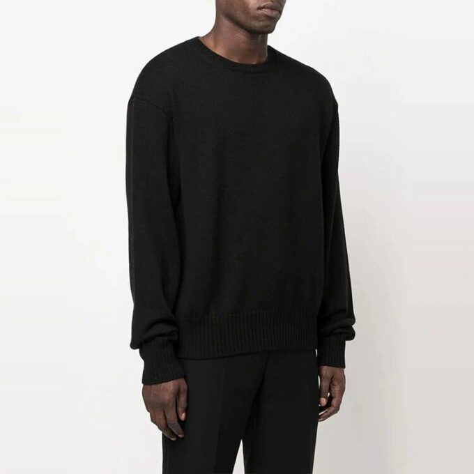 Off-White Men’ s FW22 Solid Color Round Neck Pullover Knit Wool Sweater Loose Fit Black
