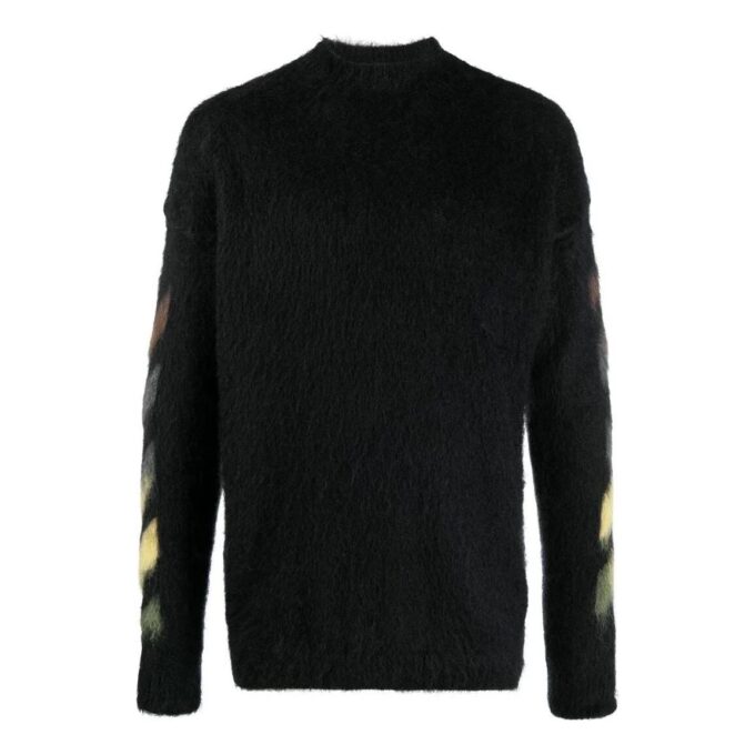 Off-White Men’ s FW22 Solid Color Stripe Pattern Long Sleeves Wool Sweater Version Black