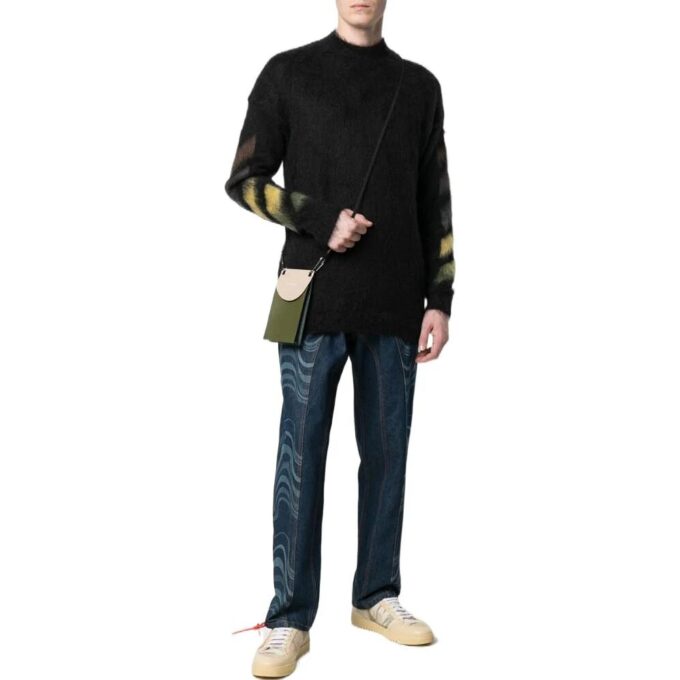 Off-White Men’ s FW22 Solid Color Stripe Pattern Long Sleeves Wool Sweater Version Black