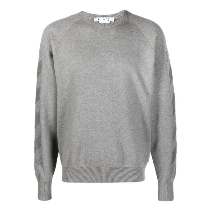 Off-White Men’ s FW22 Stripe Arrow Logo Printing Round Neck Pullover Version Gray