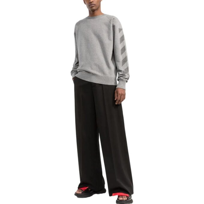 Off-White Men’ s FW22 Stripe Arrow Logo Printing Round Neck Pullover Version Gray