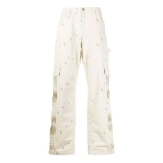 Off-White Men’ s Geometry Pattern Buckle Casual Long Pants/Trousers Loose Fit White Off-White Men’ s Geometry Pattern Buckle Casual Long Pants/Trousers Loose Fit White