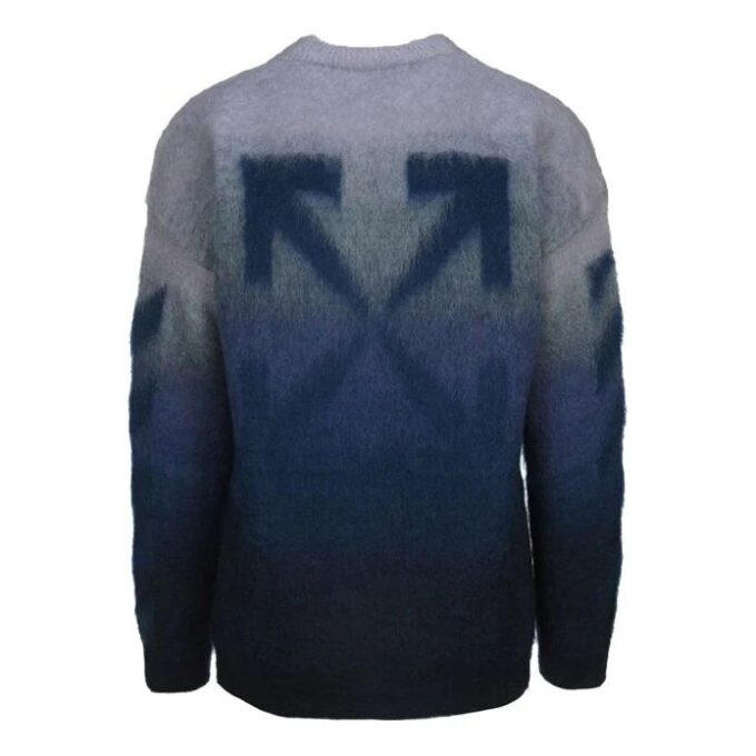 Off-White Men’ s Gradient Effect Round Neck Long Sleeves Wool Sweater Loose Fit Blue