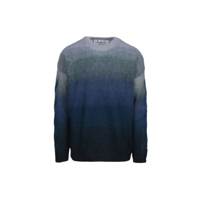 Off-White Men’ s Gradient Effect Round Neck Long Sleeves Wool Sweater Loose Fit Blue