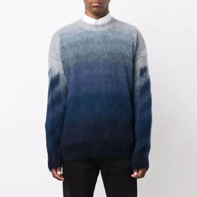 Off-White Men’ s Gradient Effect Round Neck Long Sleeves Wool Sweater Loose Fit Blue