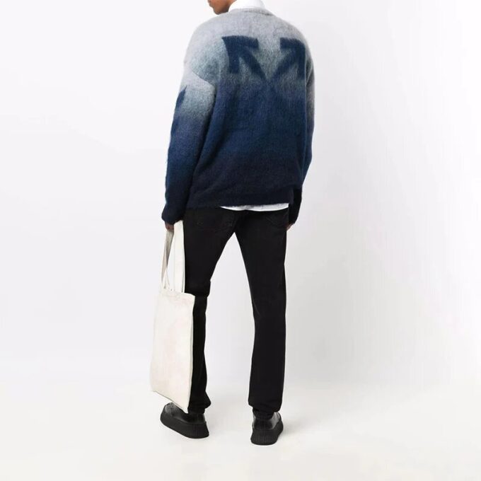Off-White Men’ s Gradient Effect Round Neck Long Sleeves Wool Sweater Loose Fit Blue