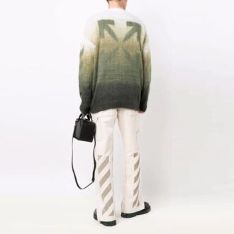 Off-White Men’ s Gradient Effect Round Neck Long Sleeves Wool Sweater Loose Fit Multicolor Off-White Men’ s Gradient Effect Round Neck Long Sleeves Wool Sweater Loose Fit Multicolor