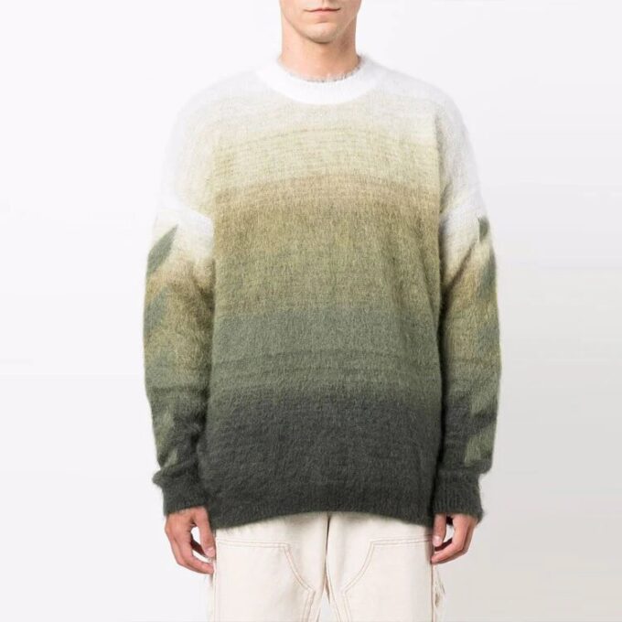 Off-White Men’ s Gradient Effect Round Neck Long Sleeves Wool Sweater Loose Fit Multicolor