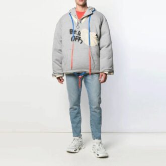Off-White Men’ s Graffiti Alphabet Printing Double Sided Design Zipper Jacket Loose Fit Gray Off-White Men’ s Graffiti Alphabet Printing Double Sided Design Zipper Jacket Loose Fit Gray