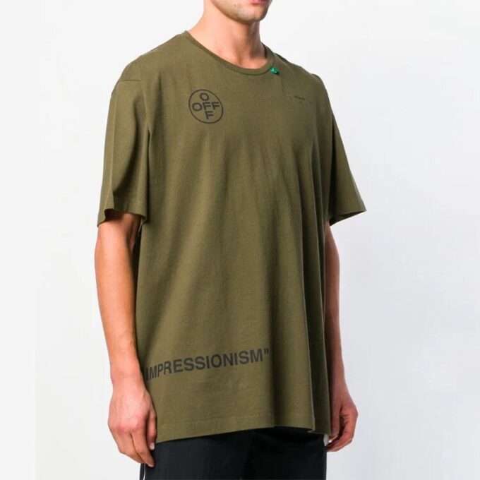 Off-White Men’ s Graffiti Arrow Pattern Short Sleeve Loose Fit Military Green T-Shirt