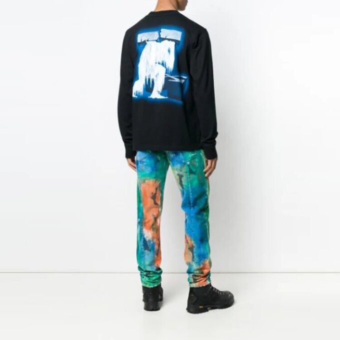 Off-White Men’ s Ice Man Round Neck Loose Long Sleeves Black T-Shirt