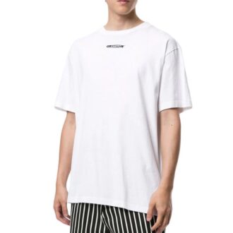 Off-White Men’ s Logo Graffiti Round Neck Pullover Short Sleeve Loose Fit White T-Shirt