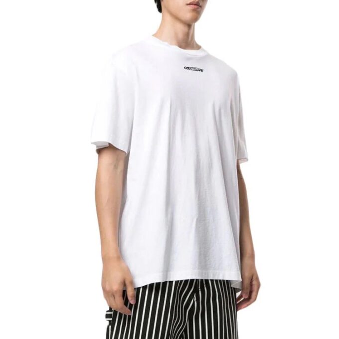 Off-White Men’ s Logo Graffiti Round Neck Pullover Short Sleeve Loose Fit White T-Shirt
