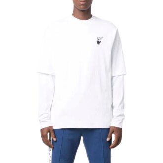 Off-White Men’ s Logo Pattern Printing Round Neck Long Sleeves Version White T-Shirt