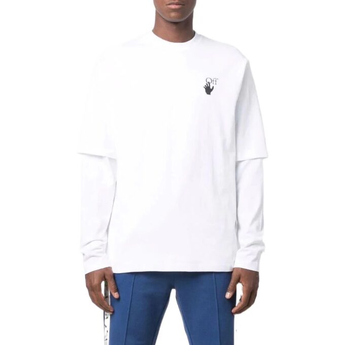 Off-White Men’ s Logo Pattern Printing Round Neck Long Sleeves Version White T-Shirt