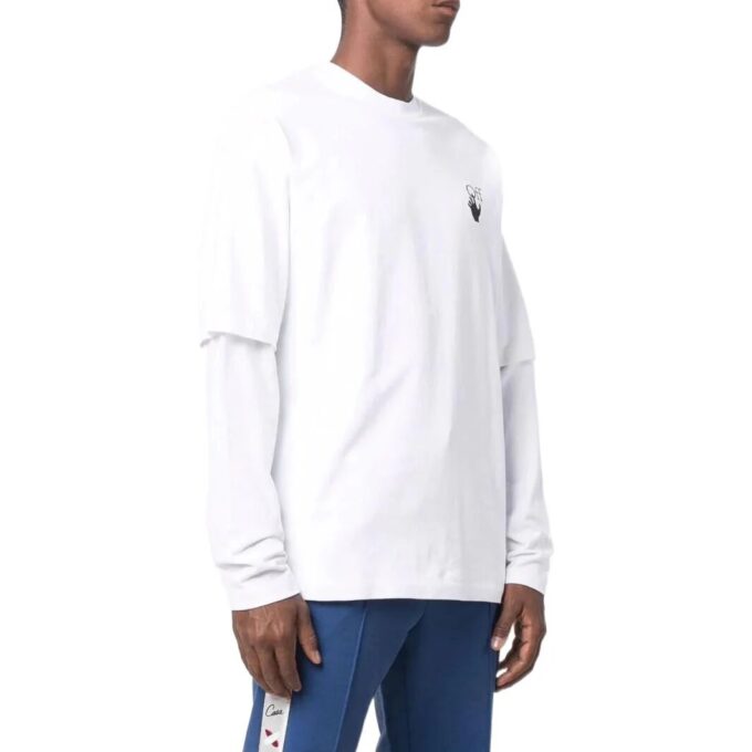 Off-White Men’ s Logo Pattern Printing Round Neck Long Sleeves Version White T-Shirt