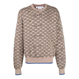 Off-White Men’ s Logo Pattern Ribbed Knit Pullover Wool Sweater Version Beige