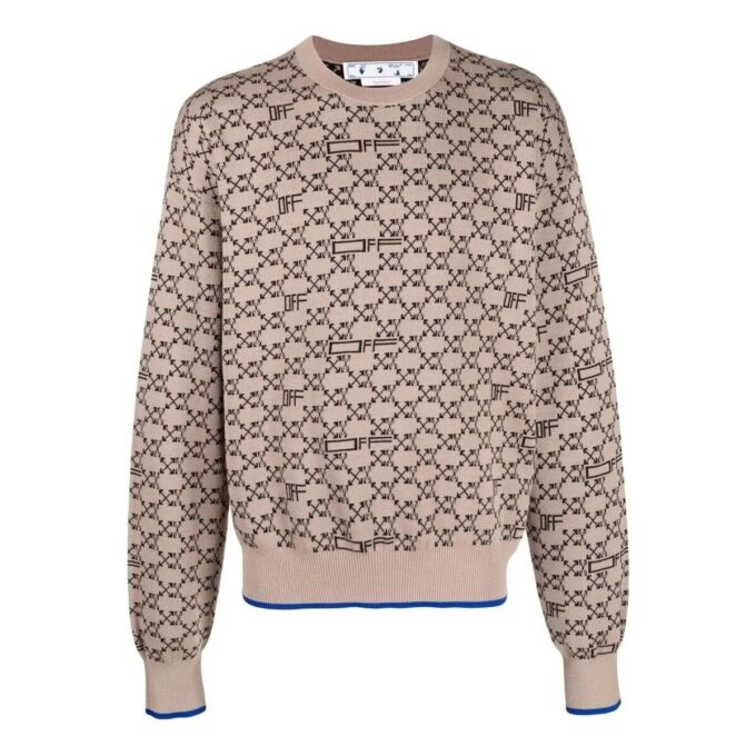 Off-White Men’ s Logo Pattern Ribbed Knit Pullover Wool Sweater Version Beige