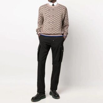 Off-White Men’ s Logo Pattern Ribbed Knit Pullover Wool Sweater Version Beige