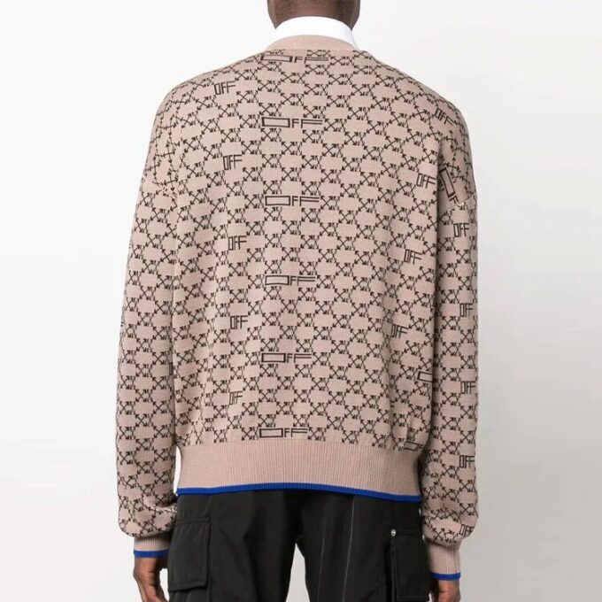 Off-White Men’ s Logo Pattern Ribbed Knit Pullover Wool Sweater Version Beige