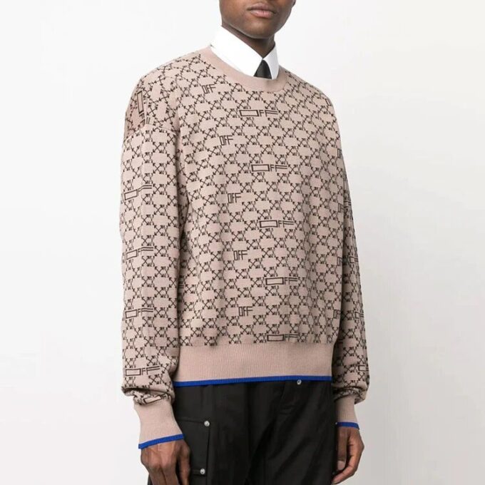 Off-White Men’ s Logo Pattern Ribbed Knit Pullover Wool Sweater Version Beige