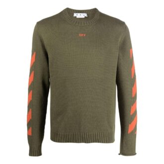 Off-White Men’ s Logo Pattern Round Neck Pullover Slim Fit Version Green