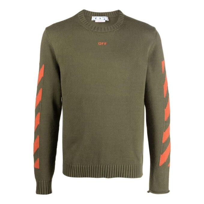Off-White Men’ s Logo Pattern Round Neck Pullover Slim Fit Version Green