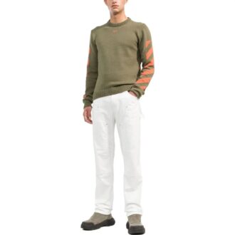Off-White Men’ s Logo Pattern Round Neck Pullover Slim Fit Version Green