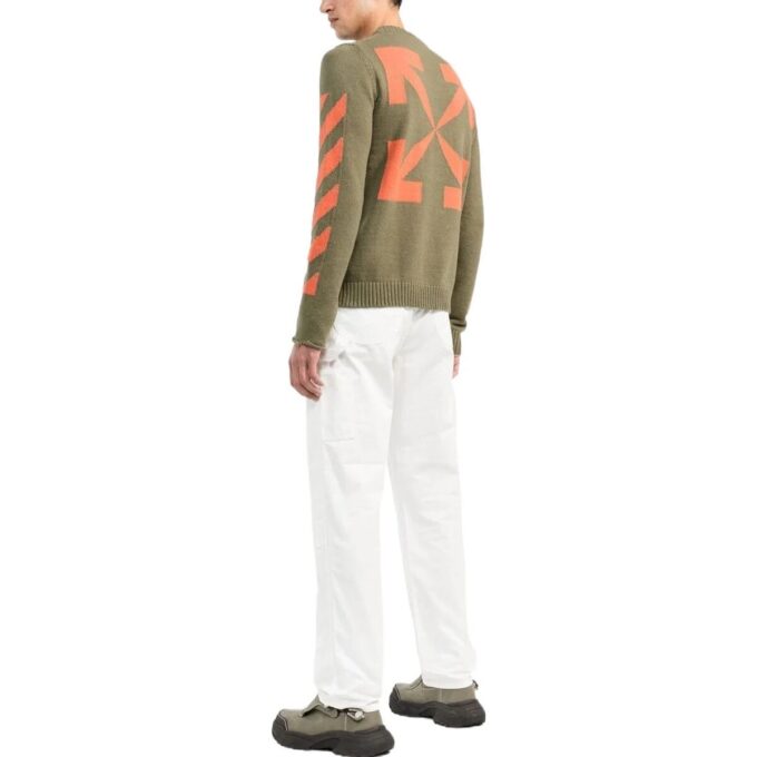 Off-White Men’ s Logo Pattern Round Neck Pullover Slim Fit Version Green