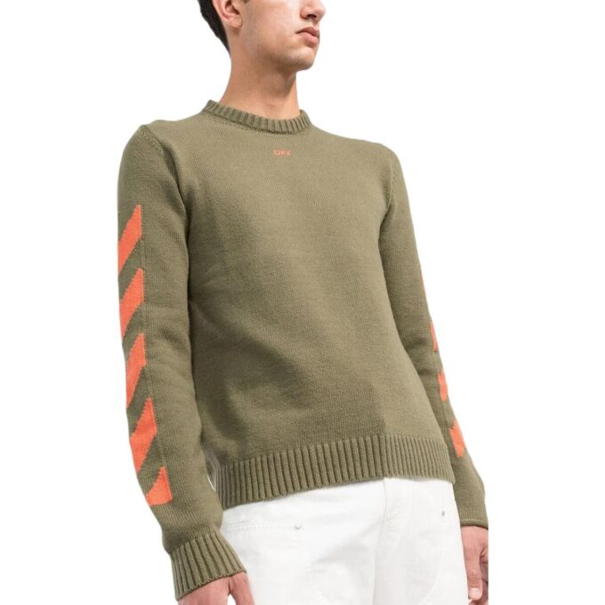 Off-White Men’ s Logo Pattern Round Neck Pullover Slim Fit Version Green