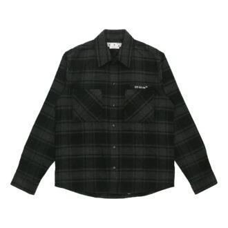Off-White Men’ s Logo Plaid Flannel Long Sleeves Loose Fit Gray Shirt