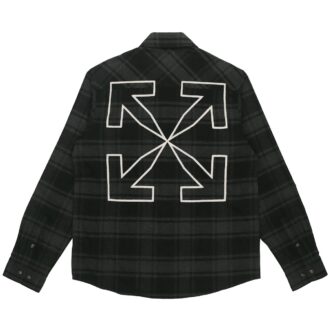 Off-White Men’ s Logo Plaid Flannel Long Sleeves Loose Fit Gray Shirt