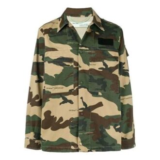 Off-White Men’ s Logo Printing Lapel Camouflage Jacket Loose Fit Green
