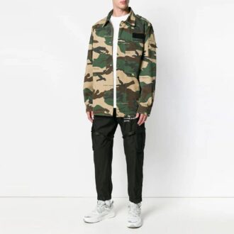 Off-White Men’ s Logo Printing Lapel Camouflage Jacket Loose Fit Green