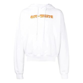 Off-White Men’ s Logo Printing Pattern Drawstring Hooded Long Sleeves White