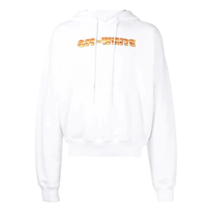 Off-White Men’ s Logo Printing Pattern Drawstring Hooded Long Sleeves White