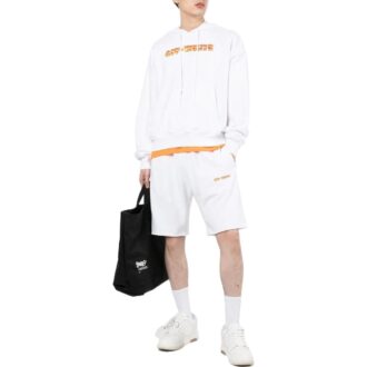 Off-White Men’ s Logo Printing Pattern Drawstring Hooded Long Sleeves White