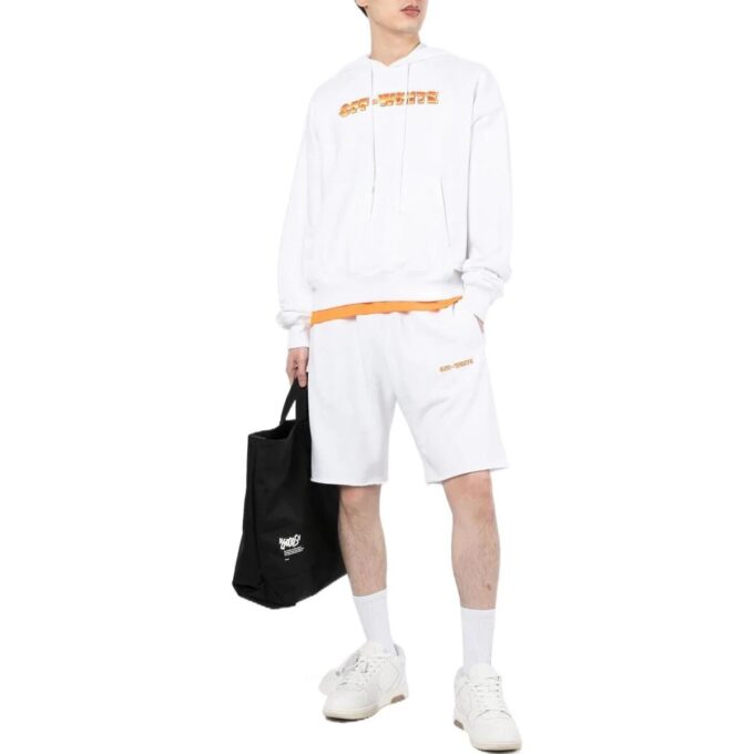 Off-White Men’ s Logo Printing Pattern Drawstring Hooded Long Sleeves White