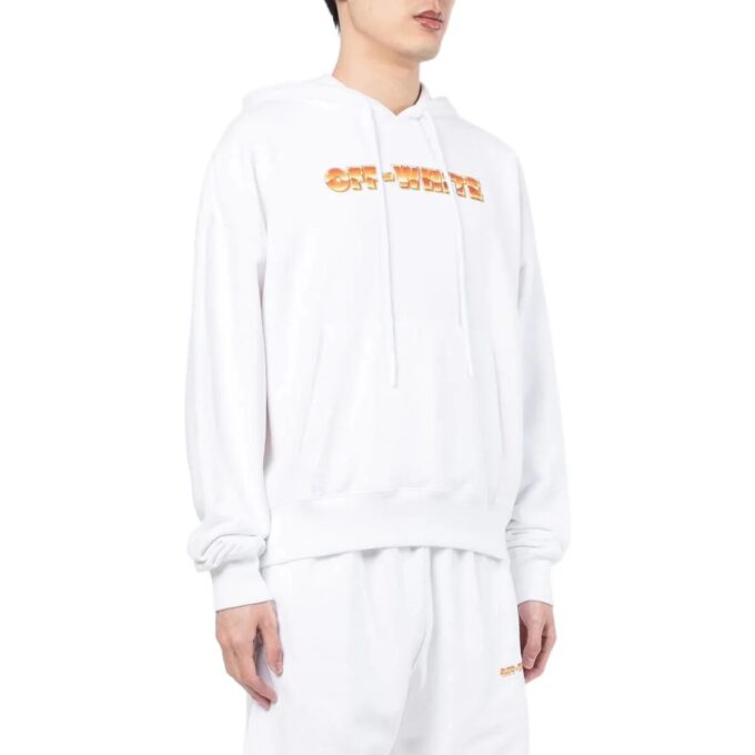 Off-White Men’ s Logo Printing Pattern Drawstring Hooded Long Sleeves White