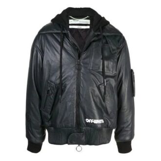 Off-White Men’ s Logo Printing Pattern Leather Aviator Jacket Black Off-White Men’ s Logo Printing Pattern Leather Aviator Jacket Black