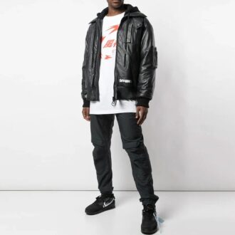 Off-White Men’ s Logo Printing Pattern Leather Aviator Jacket Black Off-White Men’ s Logo Printing Pattern Leather Aviator Jacket Black